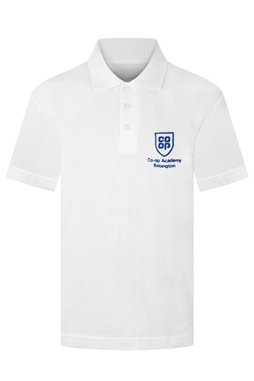 Boys white PE polo with embroidered Co-op Academy Bebington logo.