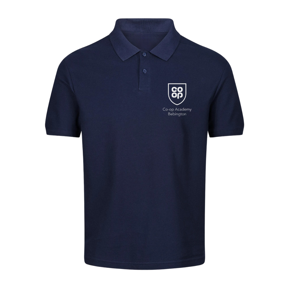 Girls Navy PE polo with embroidered Co-op Academy Bebington logo.