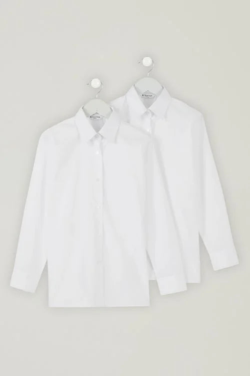 Girls White Short / Long Sleeve, Non-Iron Blouses - Twin pack