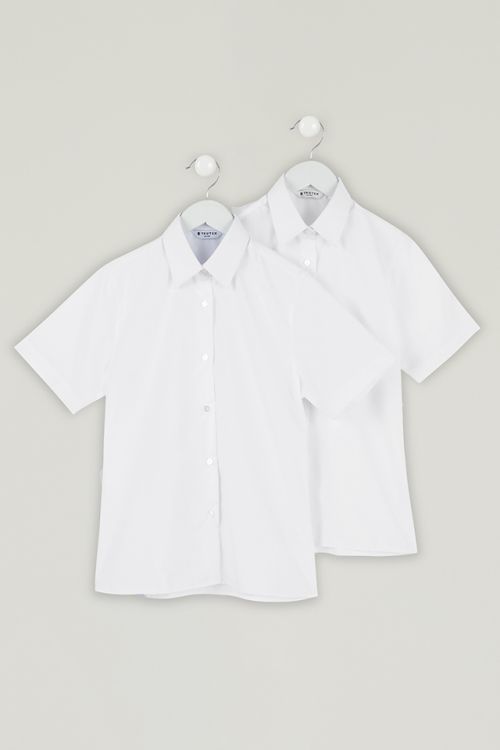Girls White Short / Long Sleeve, Non-Iron Blouses - Twin pack
