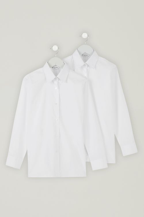 Girls White Long Sleeve, Non-Iron Blouses - Twin Pack